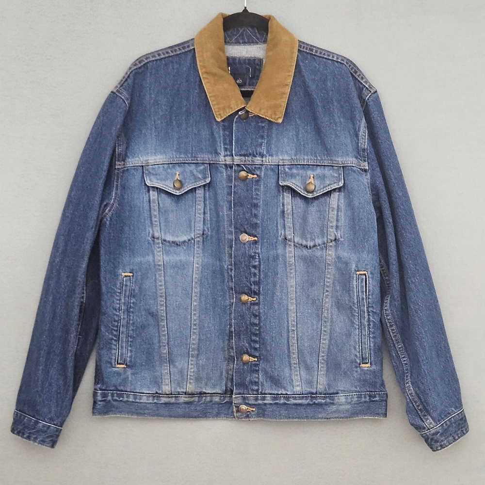 Lands End Mens Denim Jacket with Tan Collar Size L